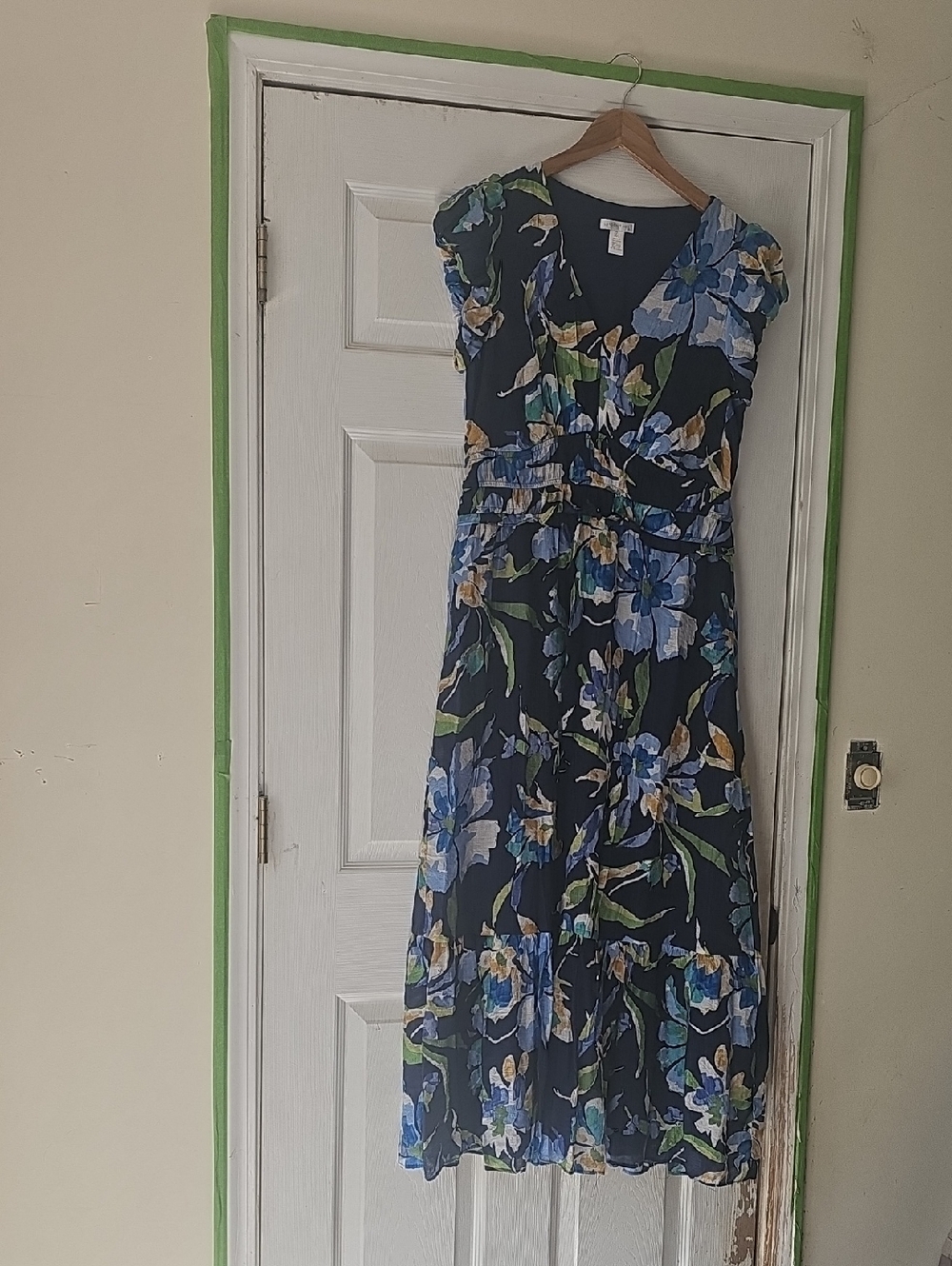 London Times Navy Floral Maxi Dress with Blue and Green Blooms